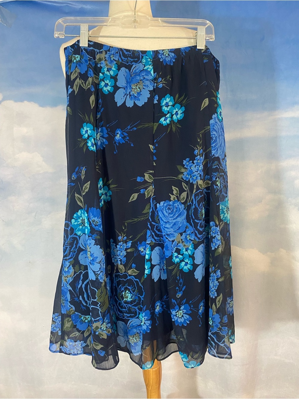 Laura Scott Navy Midi Skirt with Blue Floral Print Size Medium
